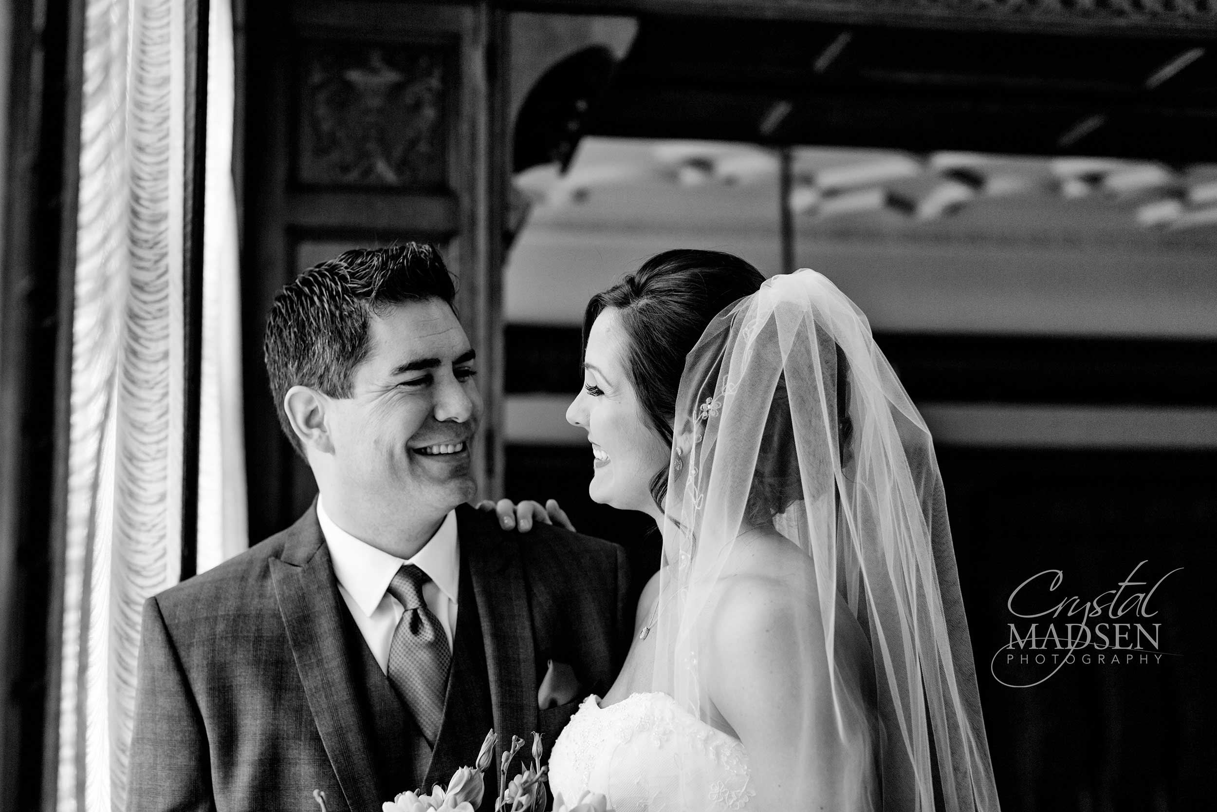 Black and white candid wedding photo